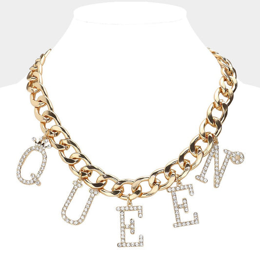 Gold Tone  Queen Letter Charm Chain Necklace Iced Out Bling Pendant Jewelry