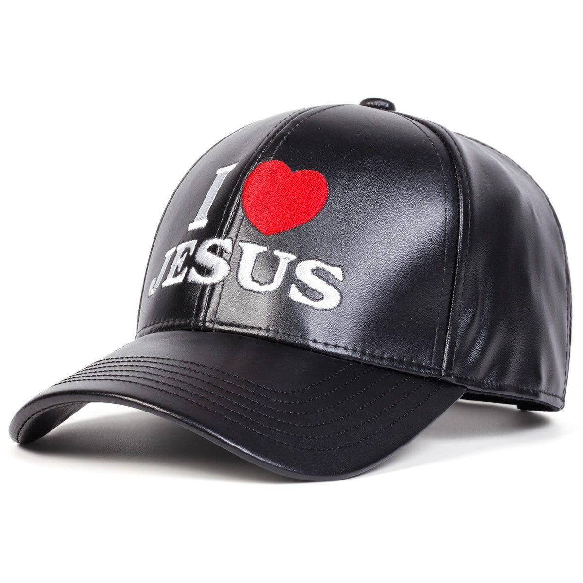 I Love Jesus Black Faux Leather Baseball Cap Christian Embroidered Hats