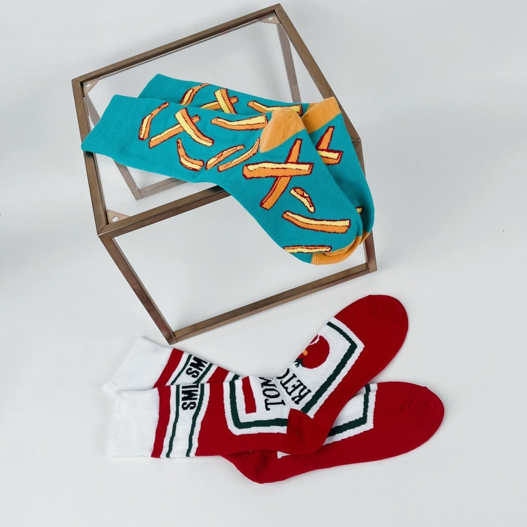 Fun Mismatched Socks French Fries and Ketchup Bottle Print Colorful Novelty Crew