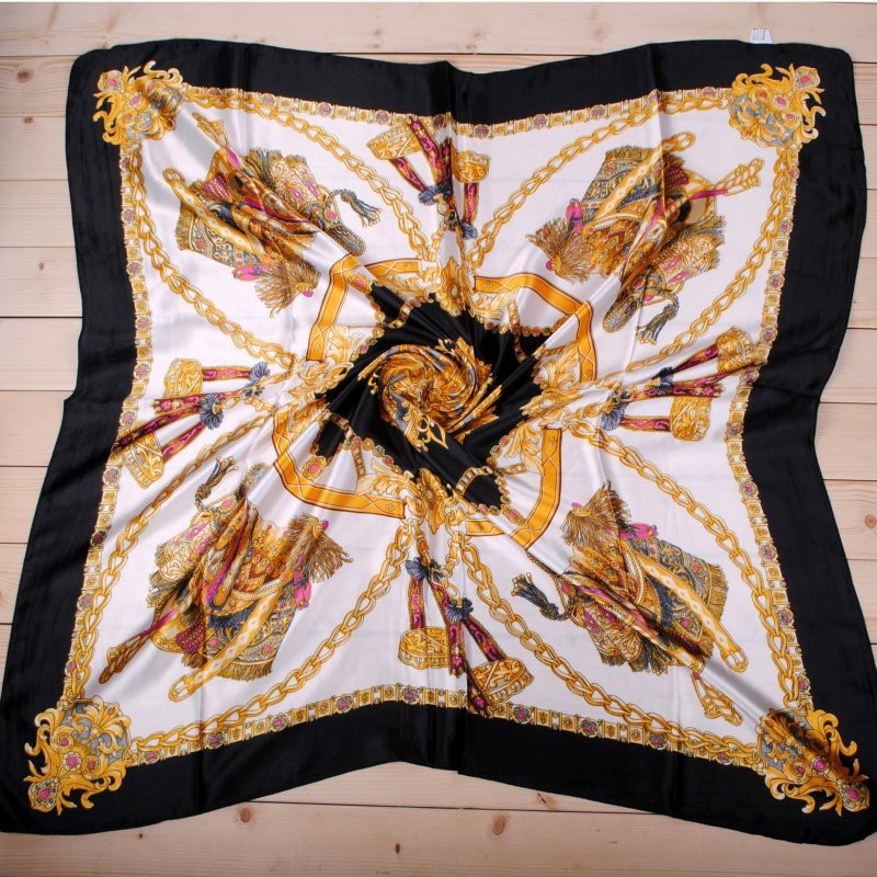 Baroque Equestrian Scarf Black  Gold Chain Print Square Silky Feel  Wrap 35in