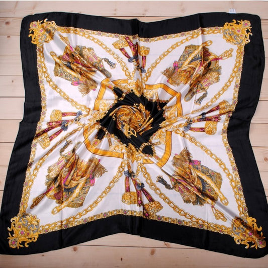 Baroque Equestrian Scarf Black  Gold Chain Print Square Silky Feel  Wrap 35in