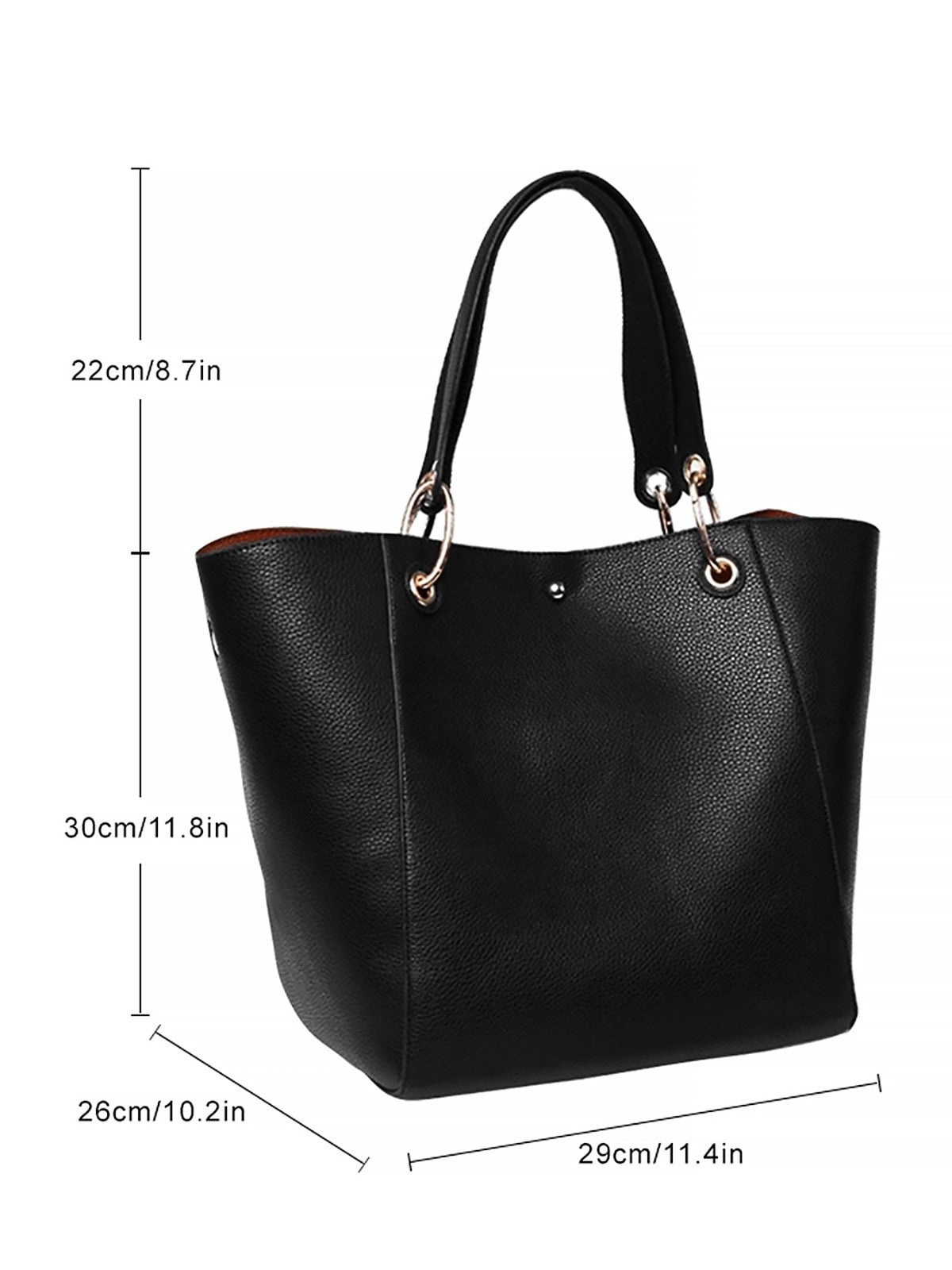 Black Pebbled Faux Leather Tote Handbag W/ Removable Pouch Gold Ring Accents