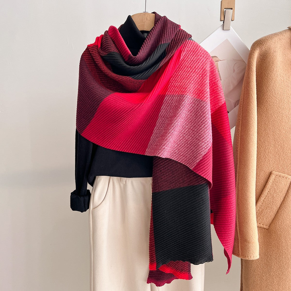 Red & Black Pleated Color Block Scarf Warm Winter Shawl Wrap 71x35 in