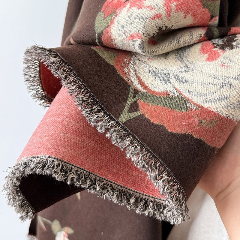 Elegant Reversible Floral Shawl Scarf Dark Brown Pink Oversized Fringe Wrap