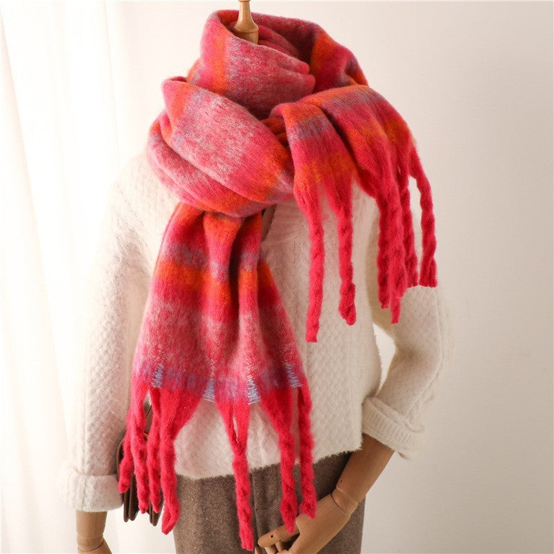 Women's Pink Striped Knitted Tassel Scarf Winter Warm Cozy Pashmina Shawl