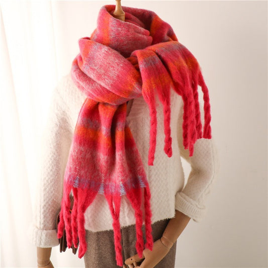 Women's Pink Striped Knitted Tassel Scarf Winter Warm Cozy Pashmina Shawl