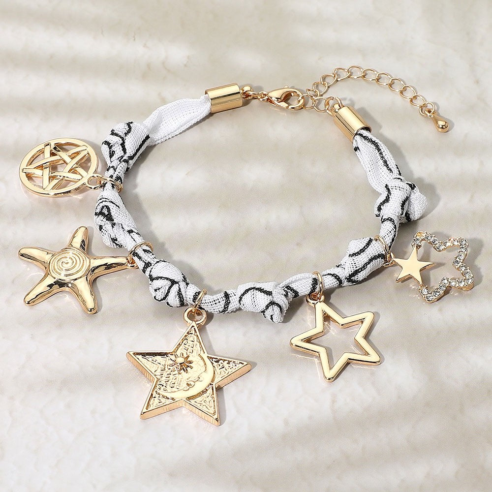 Gold Celestial Star Moon White Fabric Knot Charm Bracelet Adjustable 7" + 2"
