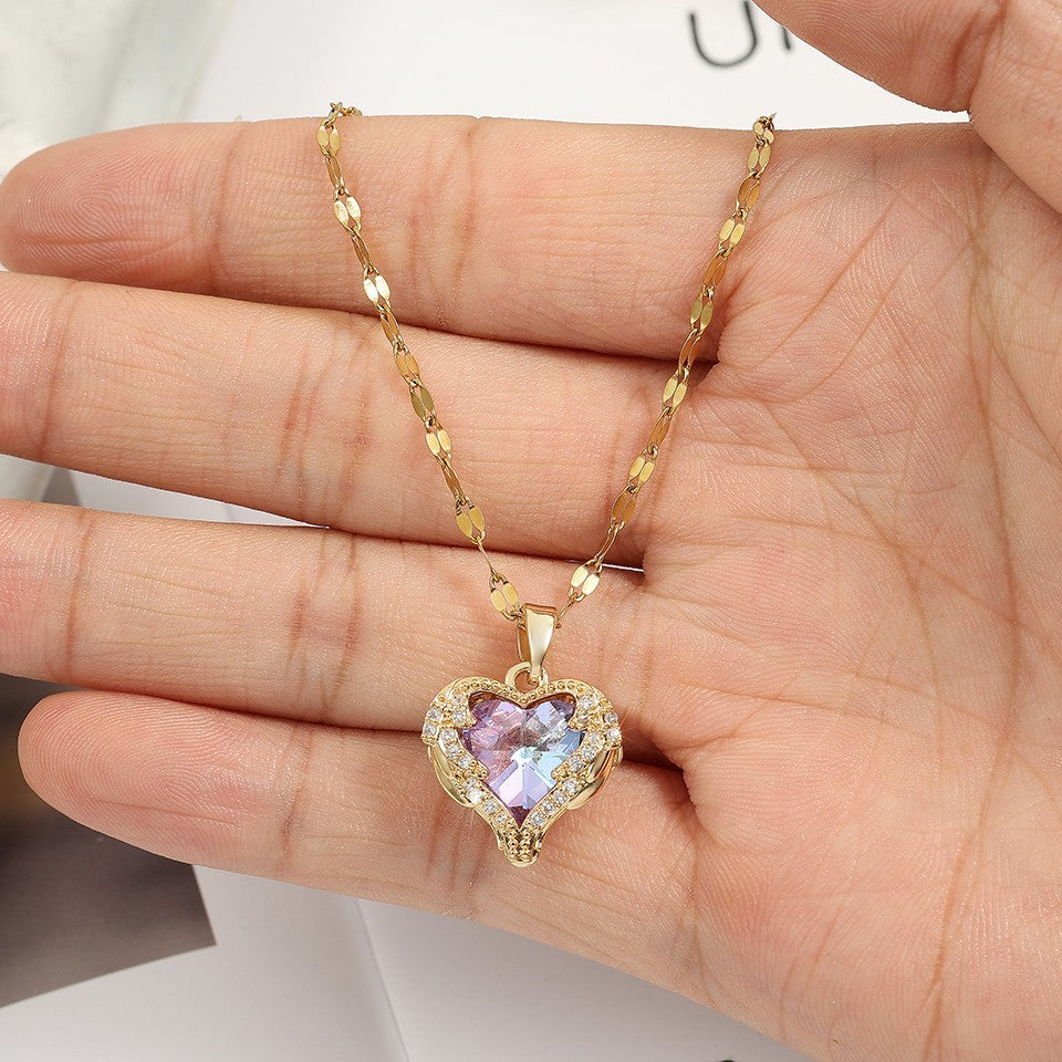 Multi-Tone Heart Pendant Gold Necklace Crystal Rhinestone Jewelry