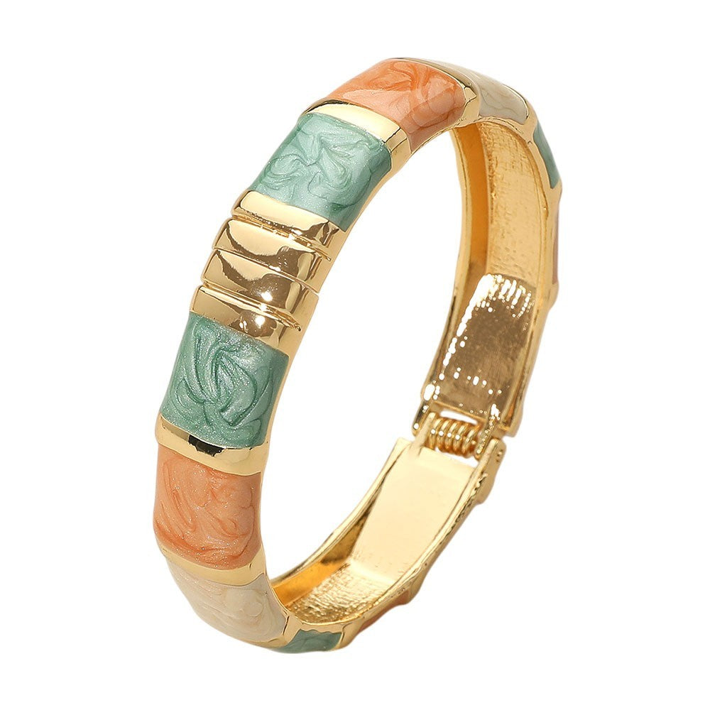 2PC Enamel Bangle Set Gold Tone Hinged Cuff Black White & Pastel Swirls