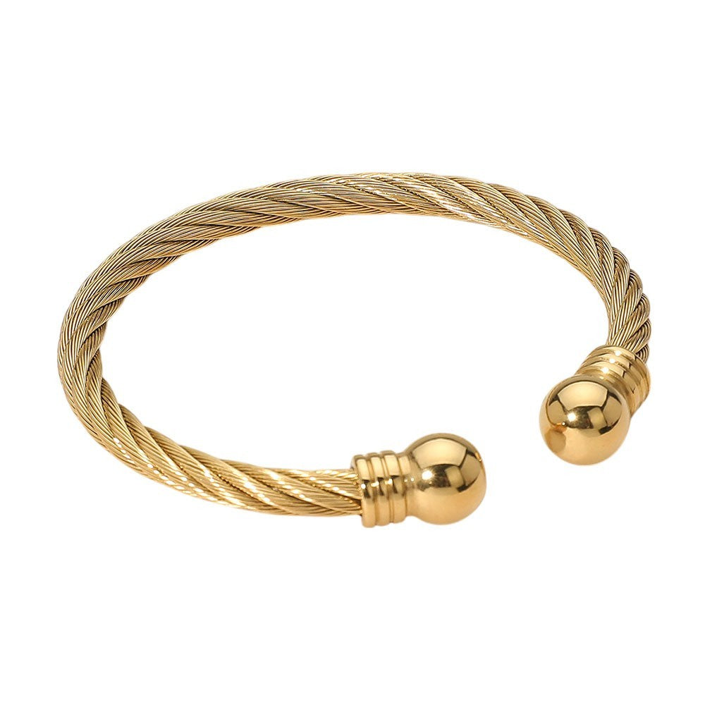Stainless Steel Cable Cuff Bracelet with Polished Ball Tips Unisex Jewelry