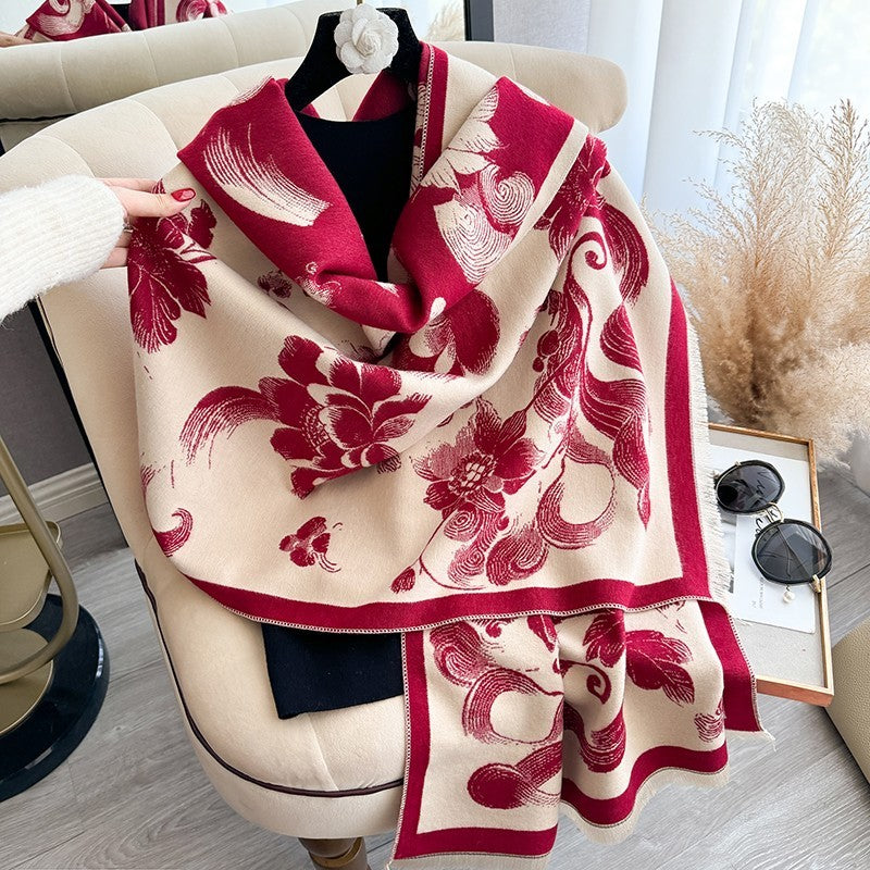 Reversible Floral Pashmina Shawl Scarf Red Beige Winter Wrap Blanket Style