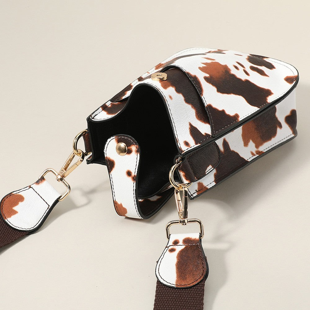 Cattle Patterned Faux Leather Crossbody Bag Black White with Magnetic Closure