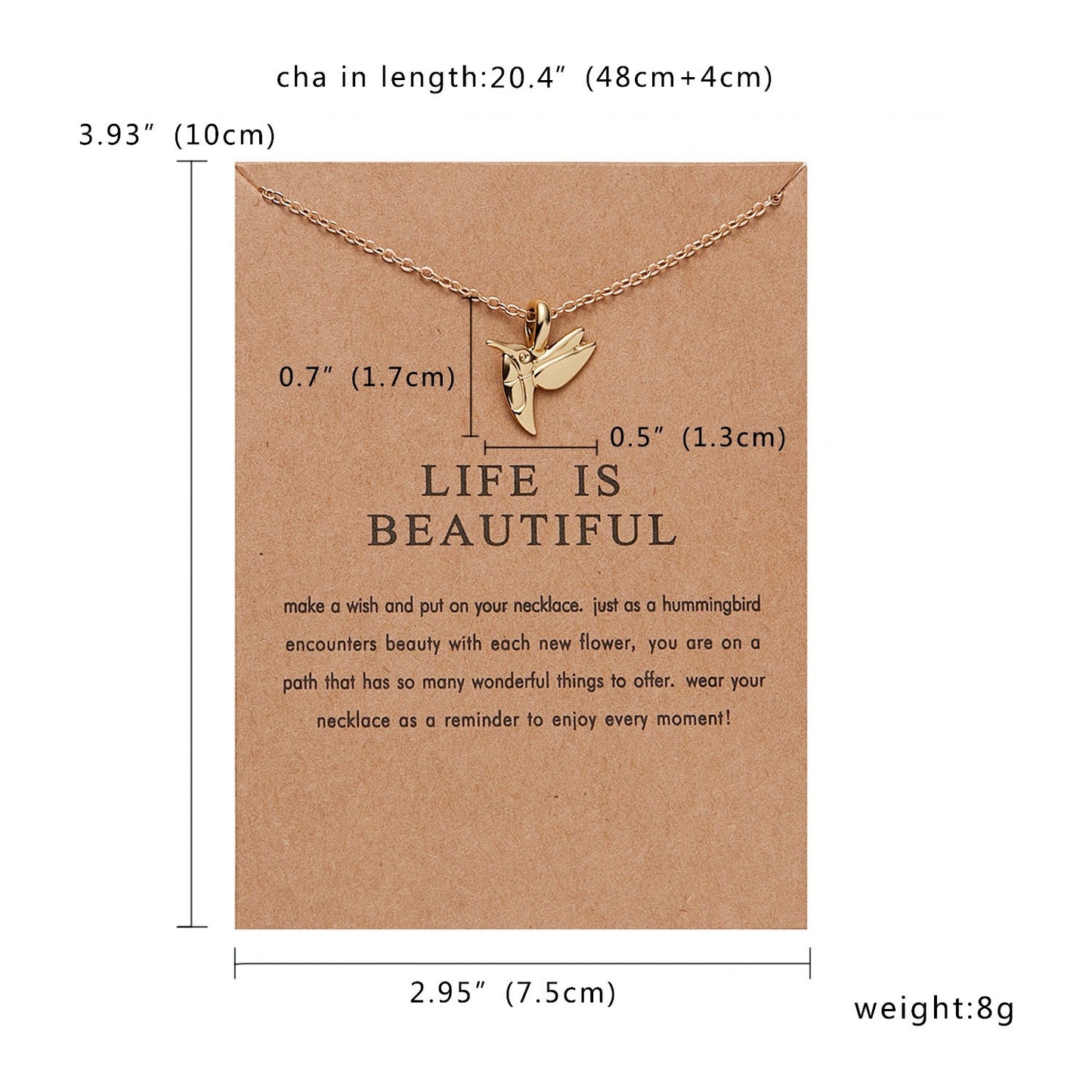 Gold Hummingbird Necklace 'Life is Beautiful' Pendant Charm Gift for Women Girls