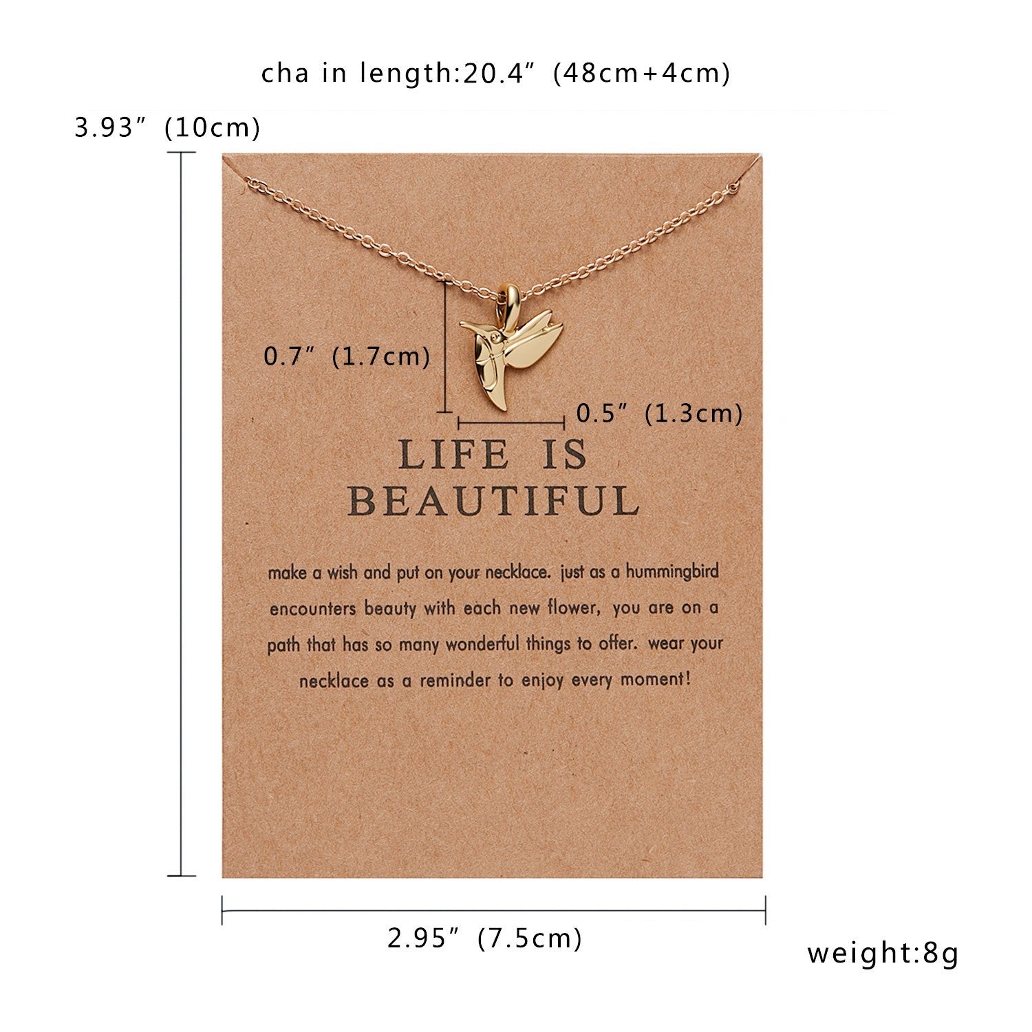 Gold Hummingbird Necklace 'Life is Beautiful' Pendant Charm Gift for Women Girls