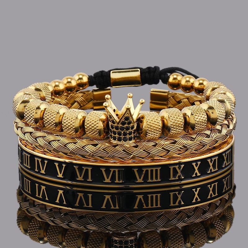 Luxury Roman Crown Bracelet Set Men's Gold Bangle & Beaded Layered Stack