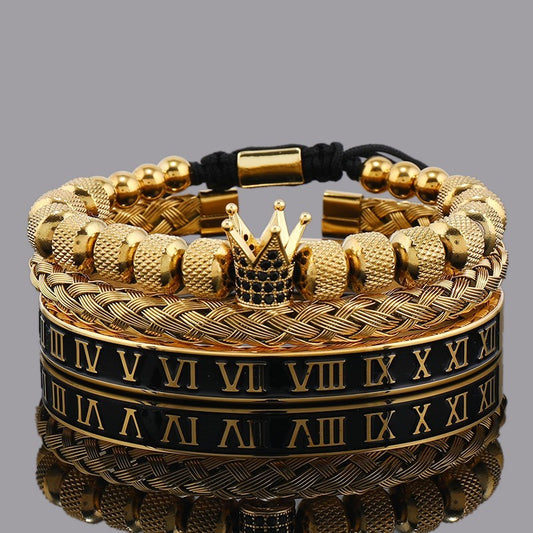 Luxury Roman Crown Bracelet Set Men's Gold Bangle & Beaded Layered Stack