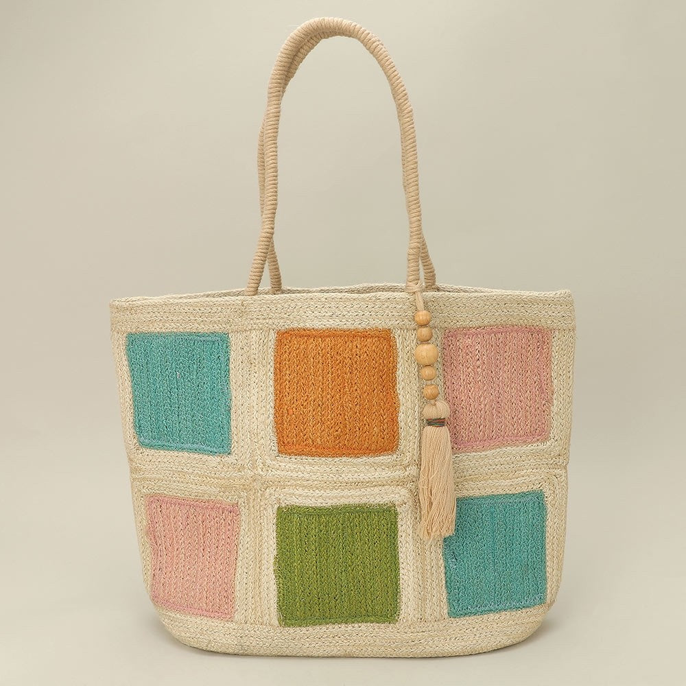 Colorful Block Woven Jute Tote Bag with Tassel Detail and Rope Top Handles