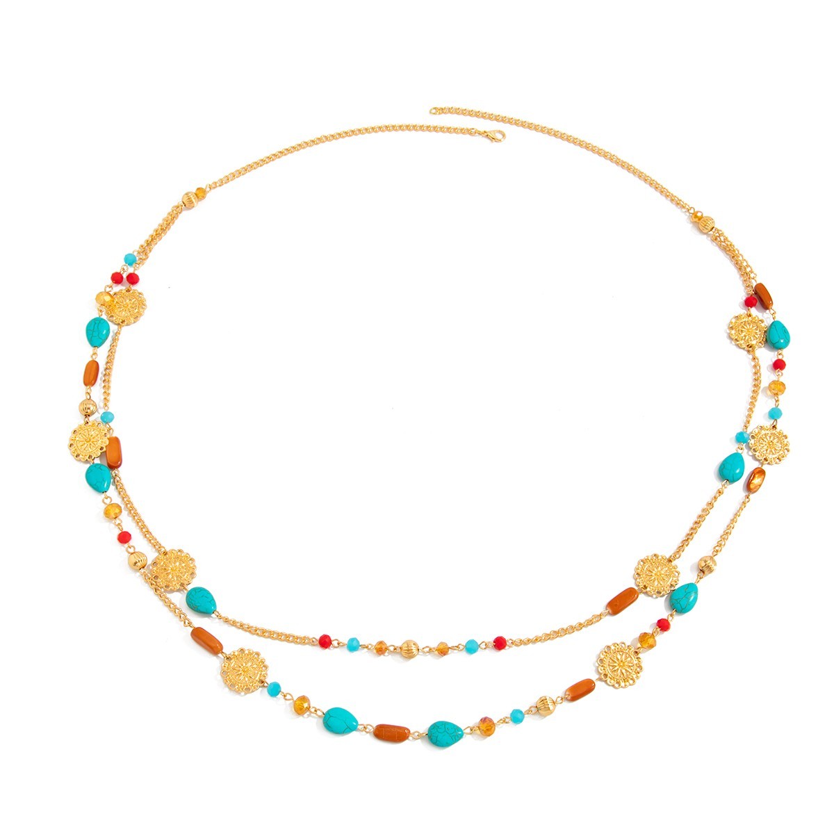 Bohemian Turquoise Beaded Multi-Strand Gold Coin Statement Necklace