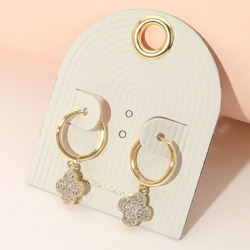 18K Gold Dipped Quatrefoil Dangle Hinged Mini Hoop Earrings with CZ Stones