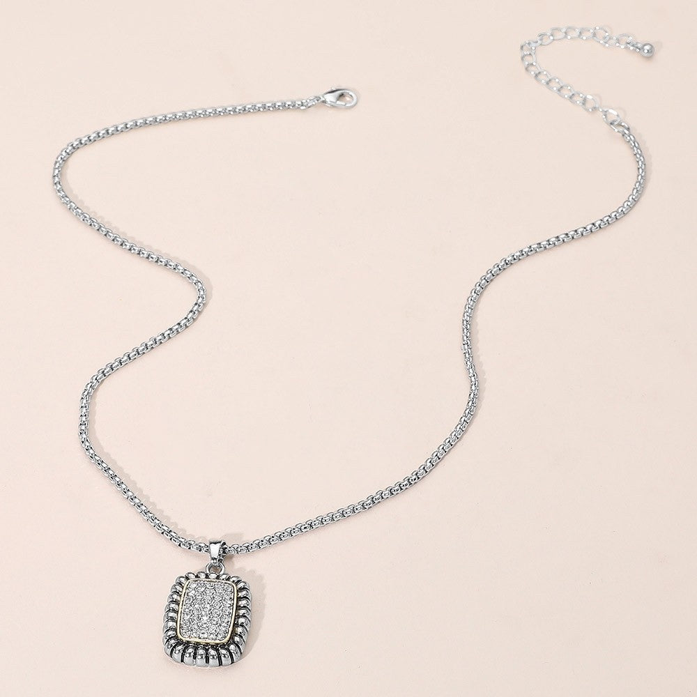 Silver Two-Tone Pave Rectangle Pendant Necklace with Adjustable Link Chain 18"