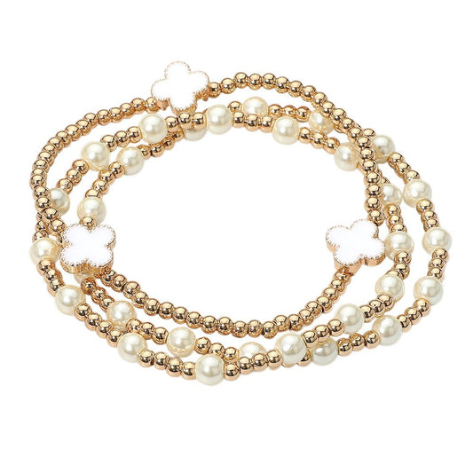 3PCS Quatrefoil Pearl Beaded Stretch Multi Layered Bracelets Women’s Jewelry