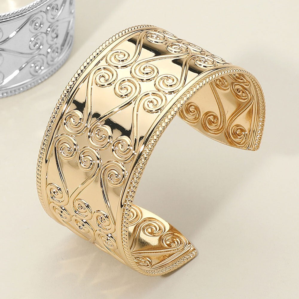 Abstract Pattern Metal Cuff Bracelet Adjustable Wide Bold Statement Jewelry