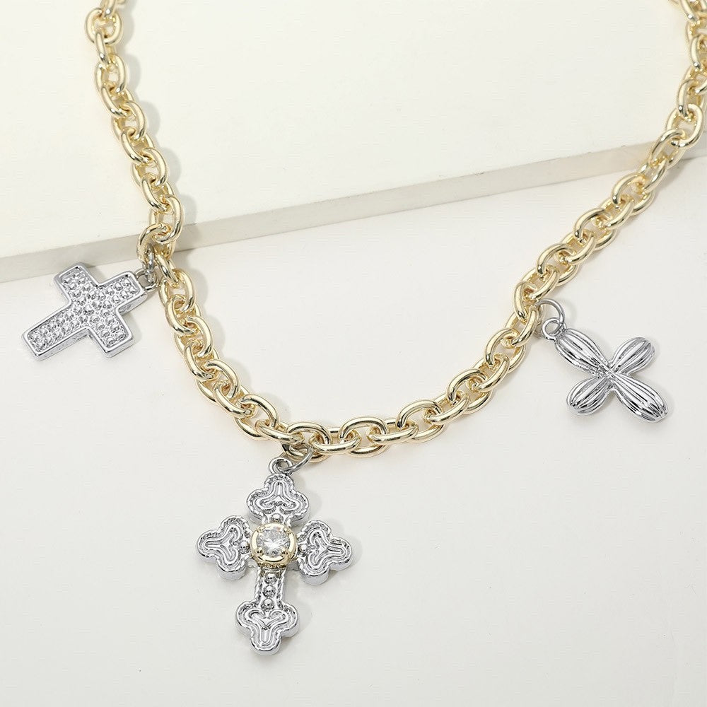 Gold Tone Two Tone Silver Cross Charm Pendant Link Chain Necklace Statement Pin