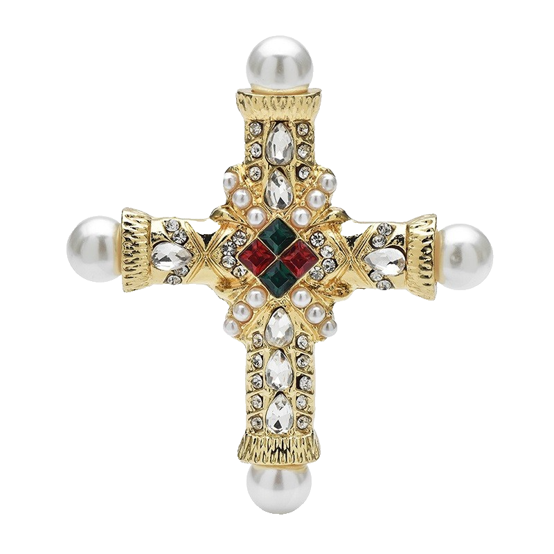2pcs Vintage Maltese Cross Brooch Pin Set Gold Emerald Red Pearl Byzantine Ornat