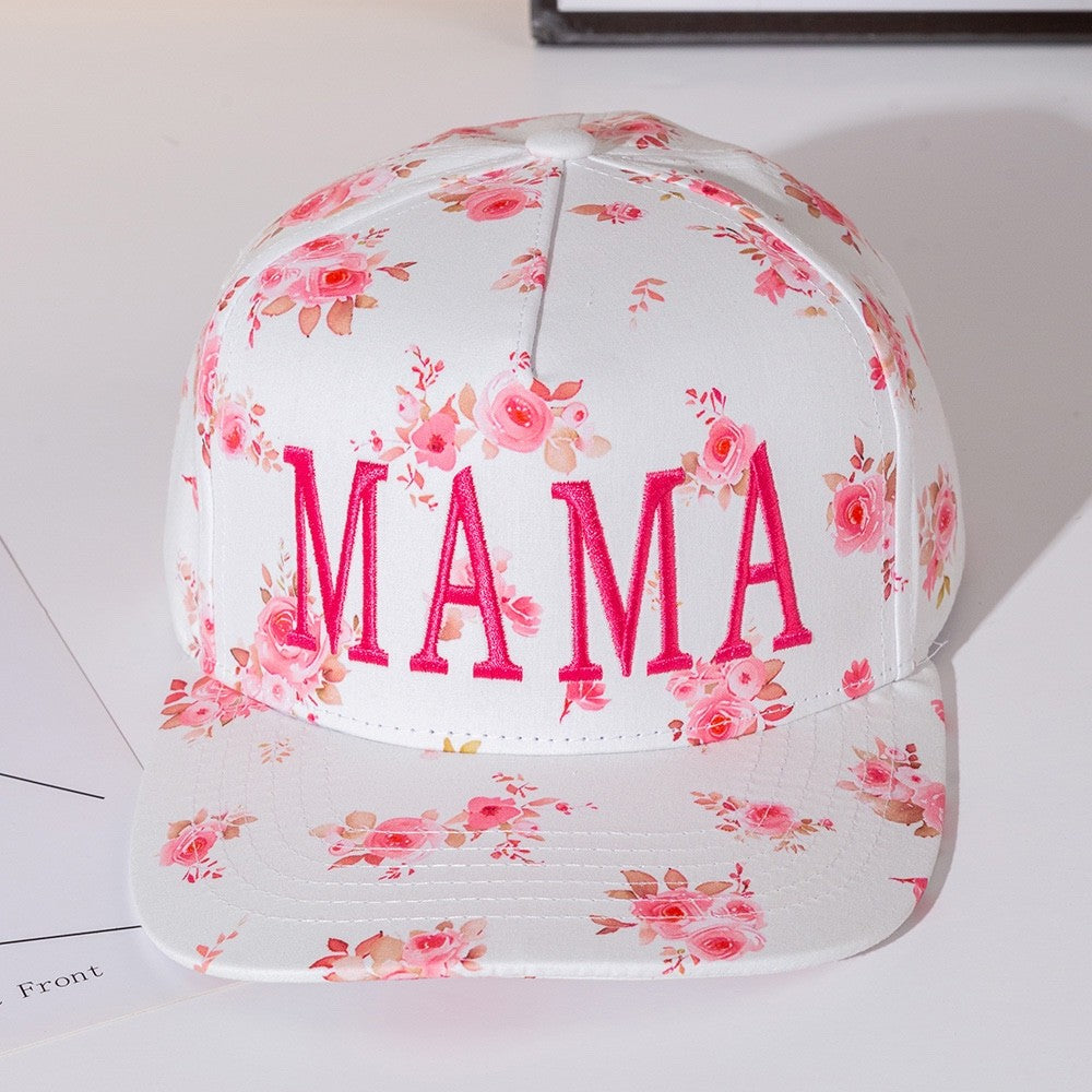 Mama Floral Print Baseball Cap Adjustable Snapback Hat White Rose Pattern Hat