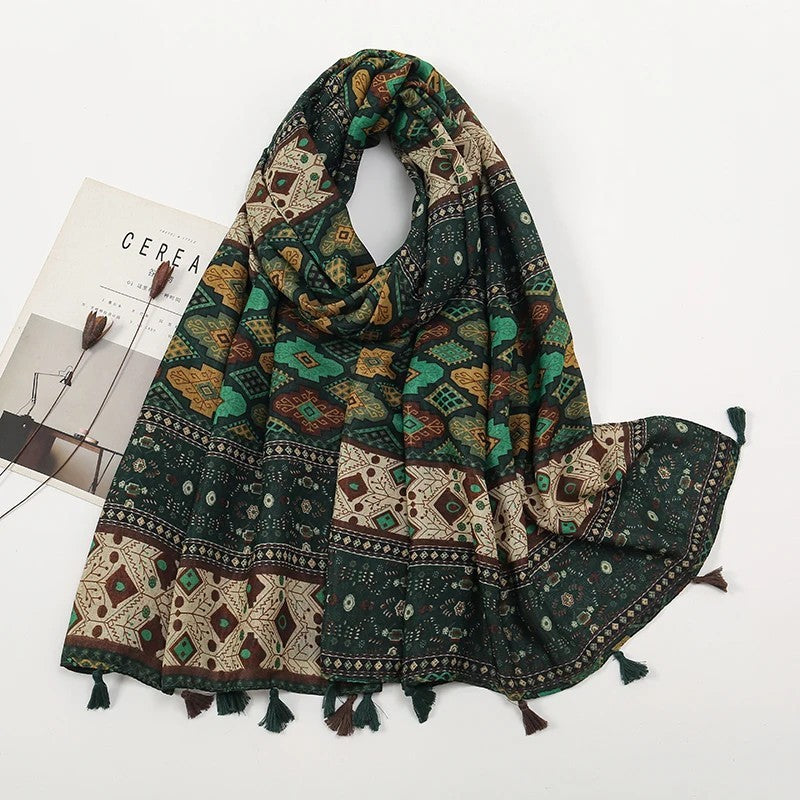 2PCS Women's Oversized Geometric Tassel Shawl Scarf Black & Green/Brown 72.8in