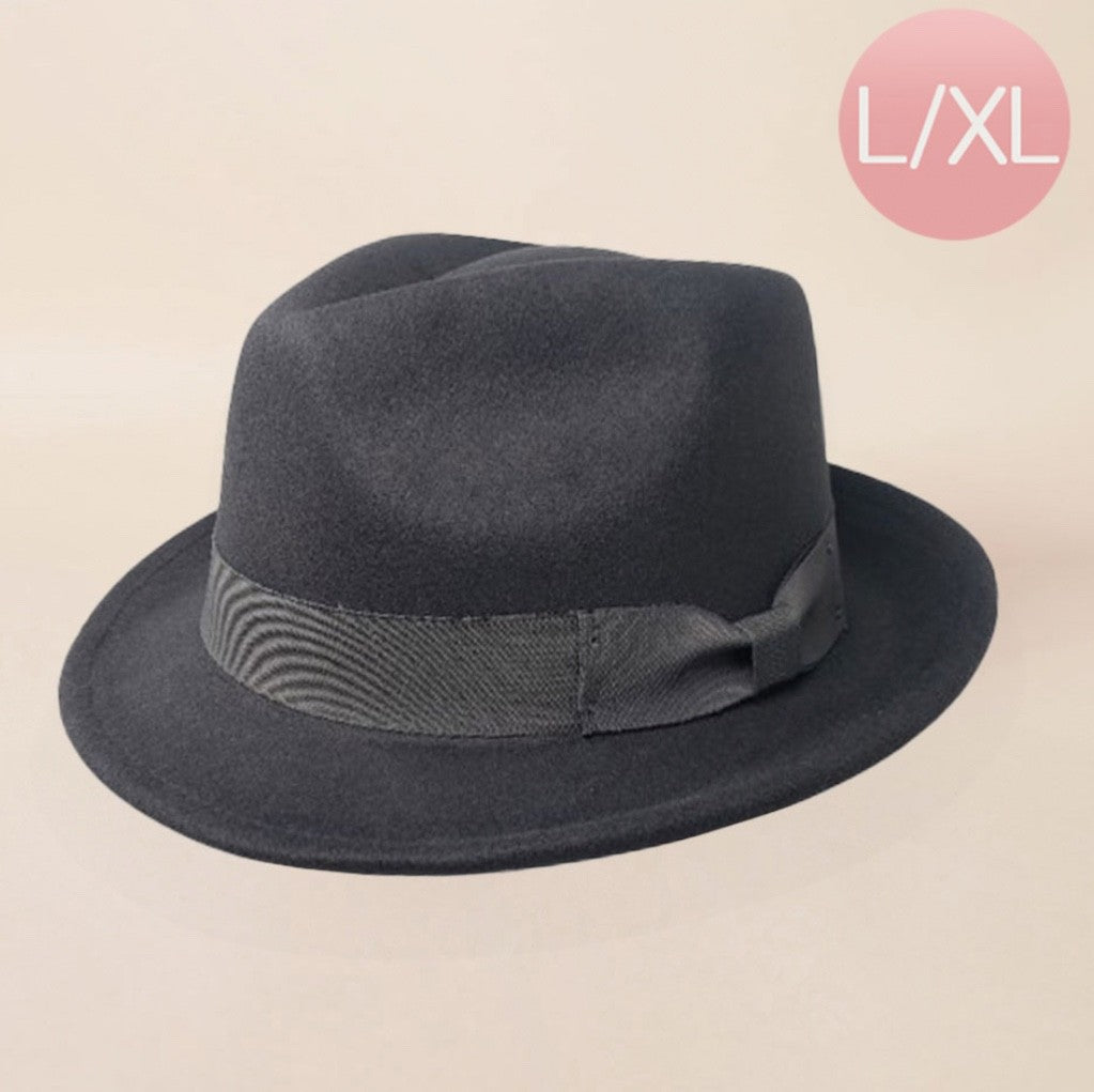 Men's Classic Black Wool Felt Fedora Hat with Grosgrain Ribbon Band Size L/XL