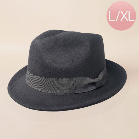 Men's Classic Black Wool Felt Fedora Hat with Grosgrain Ribbon Band Size L/XL