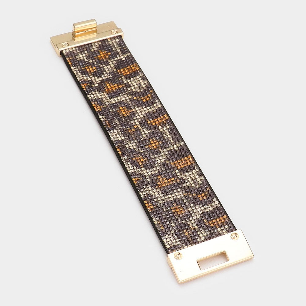 Rhinestone Mosaic Wide Bracelet Gold Turn-Lock Clasp Statement Jewelry for Women