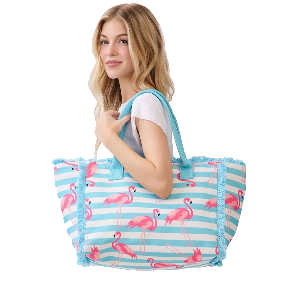 Flamingo Striped Blue White Fringed Large Tote Bag