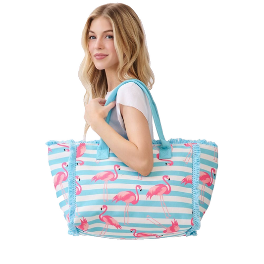 Flamingo Striped Blue White Fringed Large Tote Bag