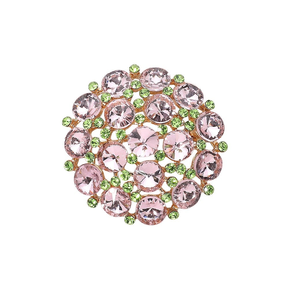 2pcs Pink and Green Rhinestone Round Flower Brooch Pin Gold Tone Jewelry Set