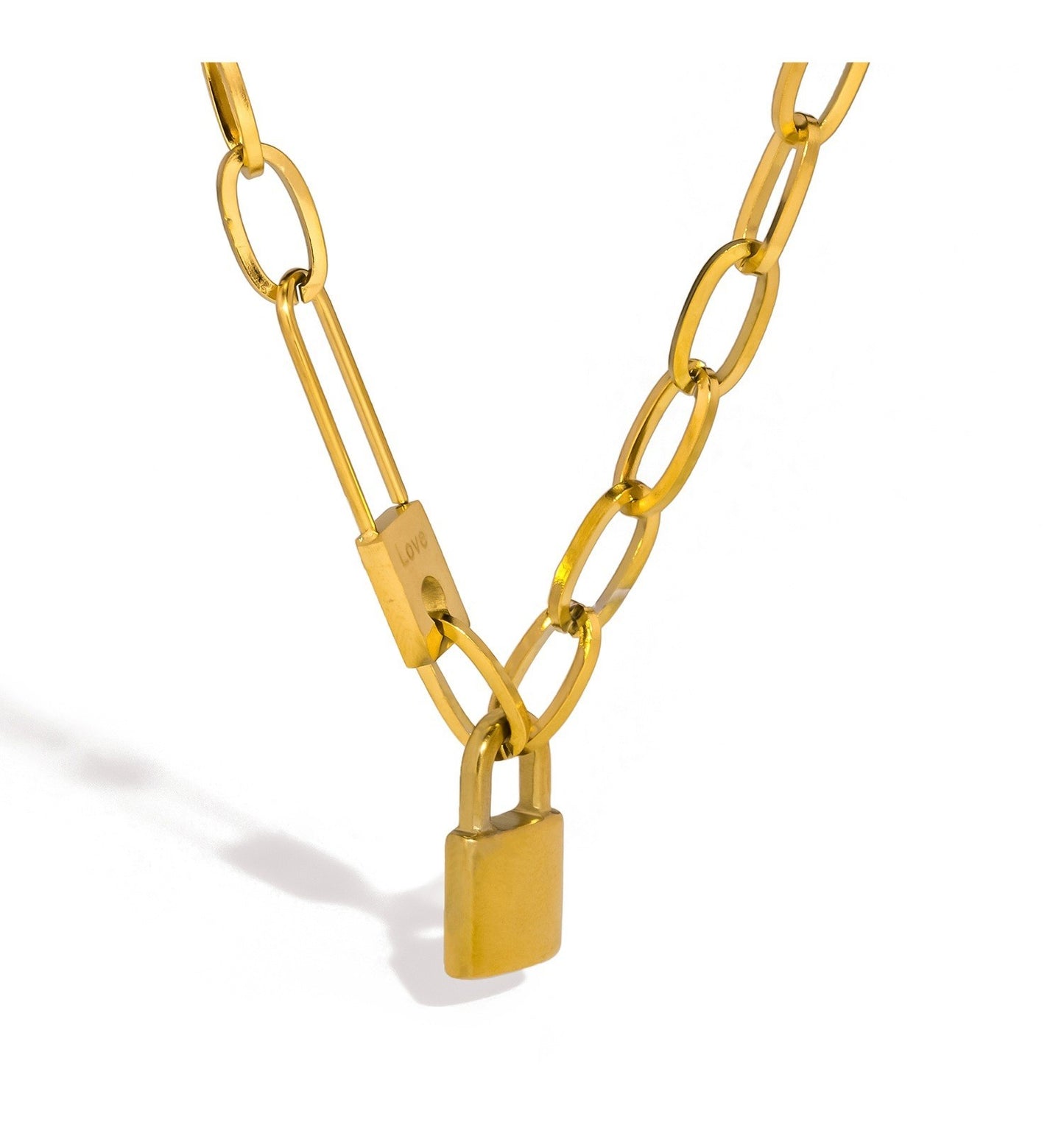 Chunky Oval Link Chain Padlock Necklace Gold Plated Stainless Steel Safety Pin