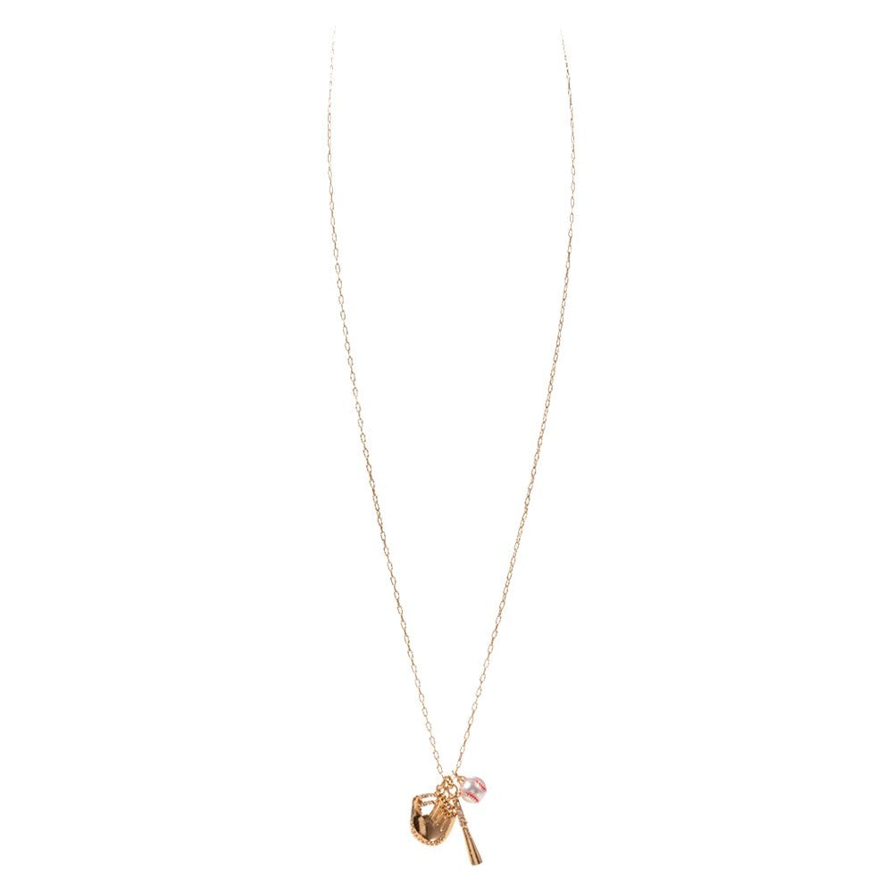 Baseball Sports Triple Charm Necklace with Glove Bat and Ball Gold Jewelry