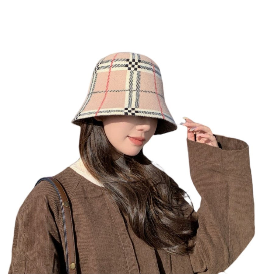 Wool Blend Plaid Bucket Hat Women's Winter Check Tartan Pink Fisherman Cap