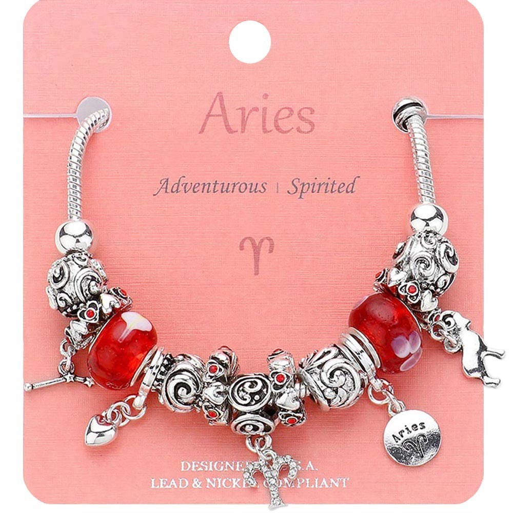 Aries Zodiac Multi-Bead Charm Bracelet – Silver Tone Astrology Jewelry