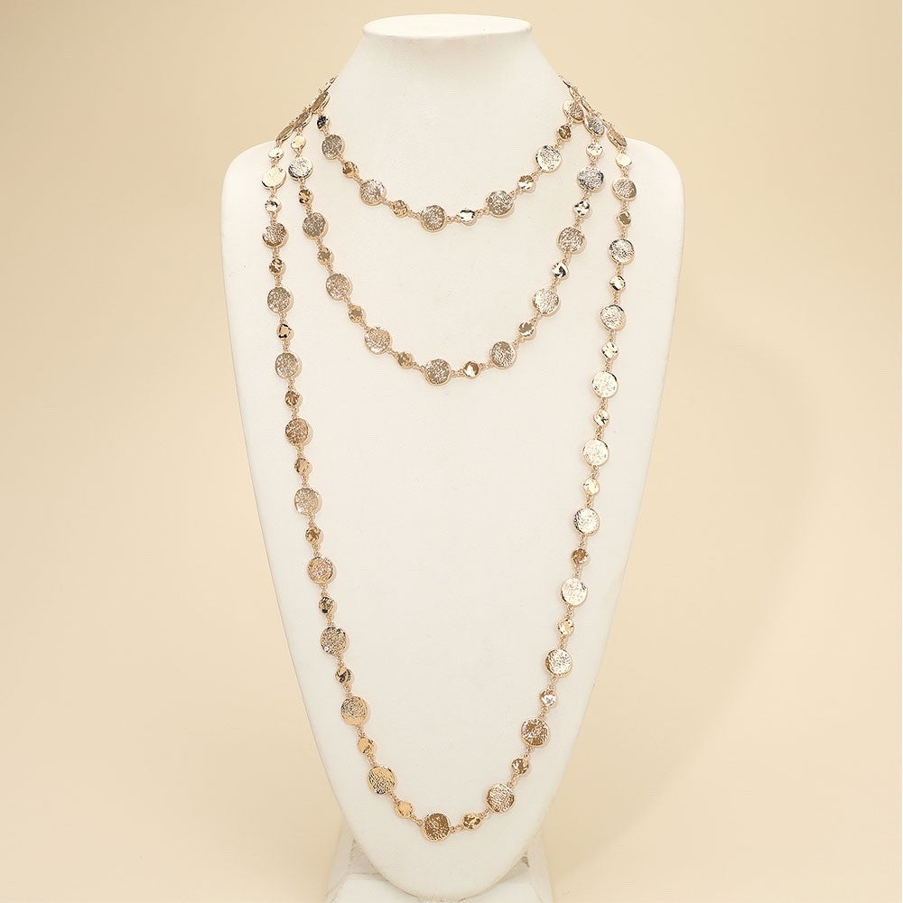 Gold Triple Layered Hammered Disc Long Chain Statement Necklace Boho Jewelry