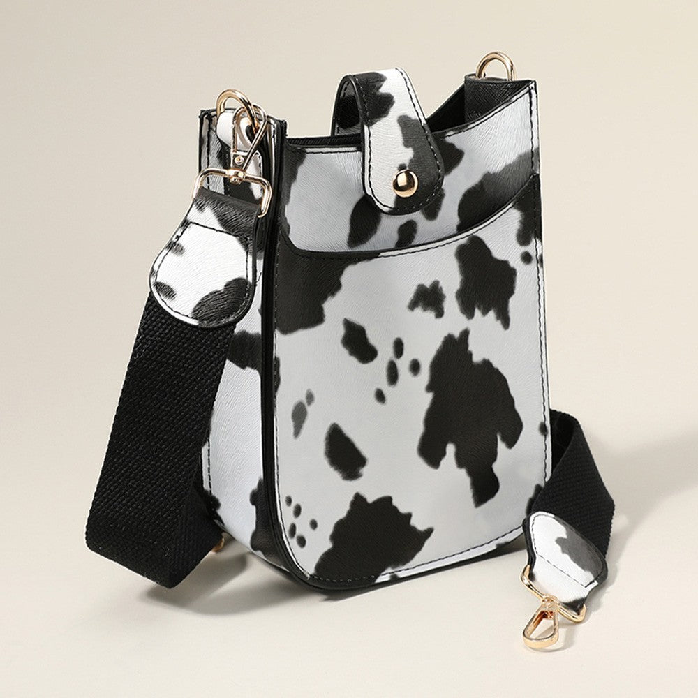 Cattle Patterned Faux Leather Crossbody Bag Black White with Magnetic Closure