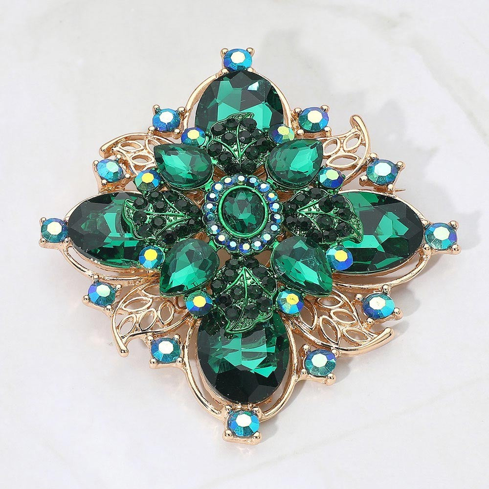 2pcs Emerald Green & Clear Crystal Brooch Set Gold Tone Vintage Large Statement