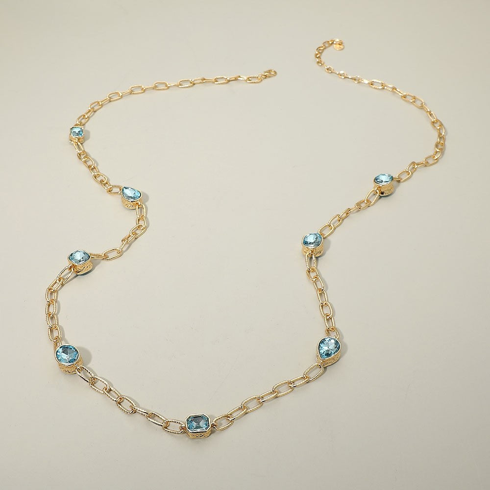 Gold Tone Light Blue Crystal Station Long Layering Necklace 36" Chain Jewelry