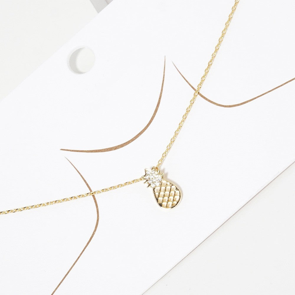 Gold Tone Pineapple Cubic Zirconia Charm Pendant Necklace 15.5" Jewelry Gift
