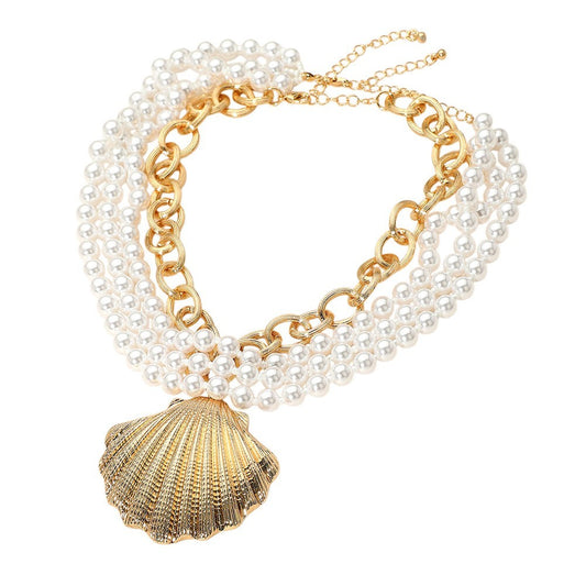Textured Gold Shell Pendant Layered Pearl and Chain Statement Necklace