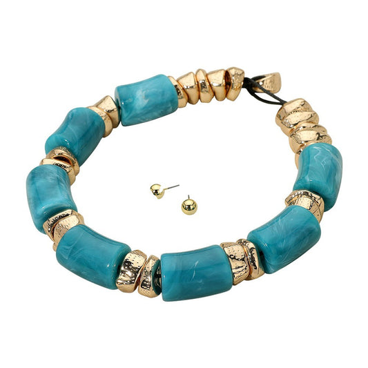 Chunky Turquoise & Gold Statement Necklace Set Boho Resin Bead Stud Earrings