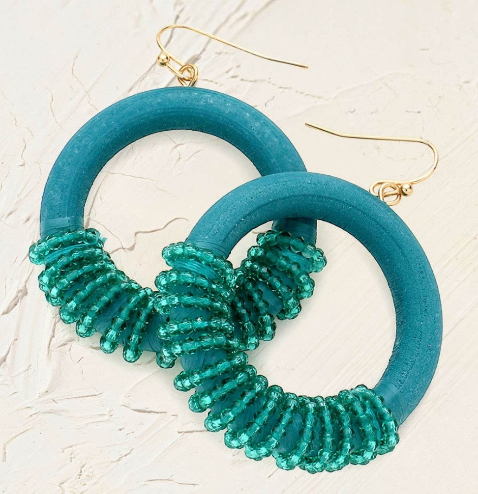 Boho Teal Wood and Seed Bead Hoop Earrings Chic Coastal Statement Jewelry Gift