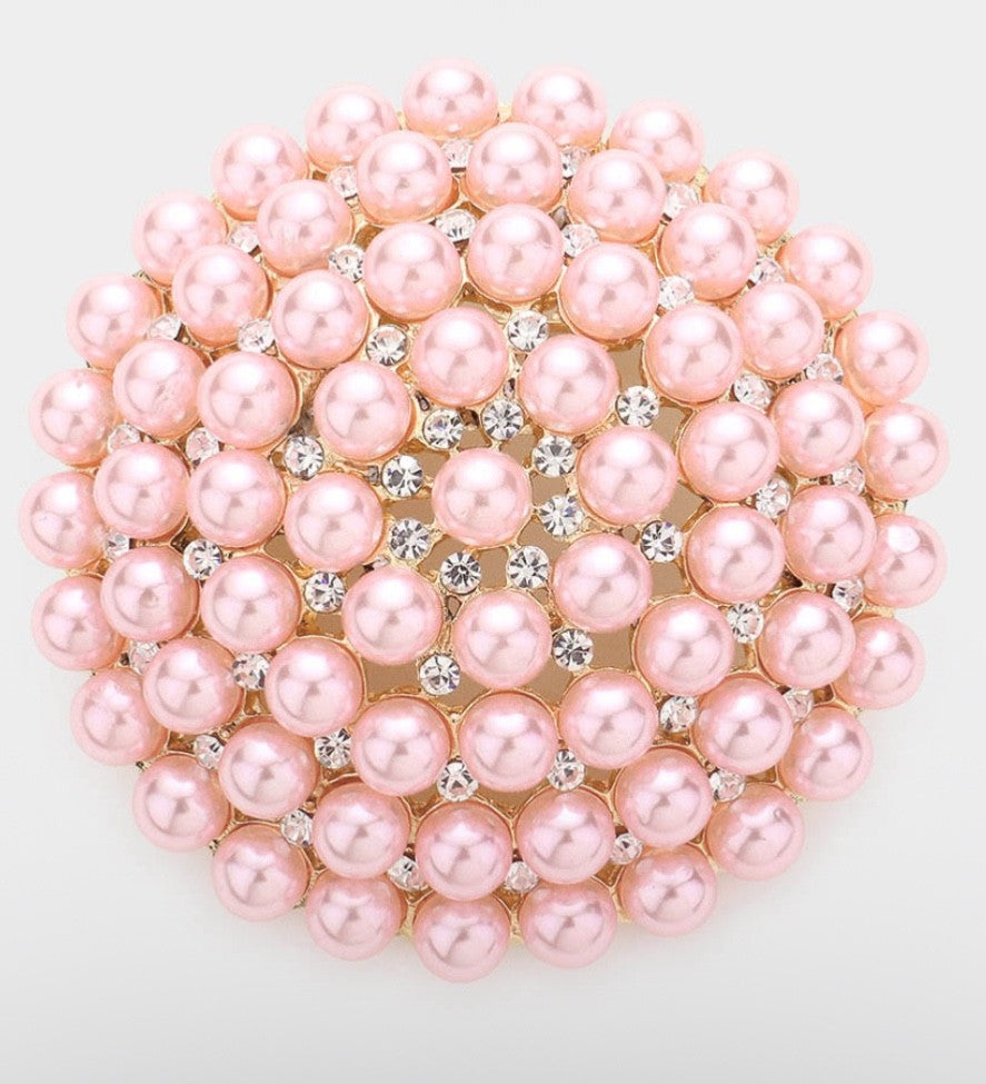 Pink Faux Pearl and Crystal Cluster Round Gold-Tone Statement Brooch