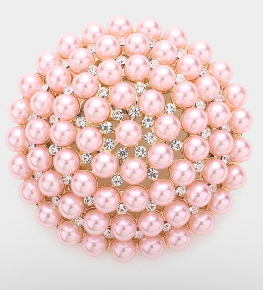 Pink Faux Pearl and Crystal Cluster Round Gold-Tone Statement Brooch